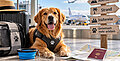 Hund mit Reisegepäck am Flughafen