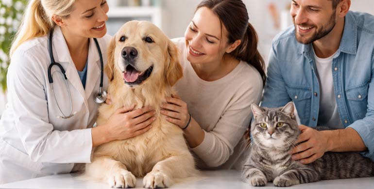 Tierärztin untersucht Hund und Katze gemeinsam mit ihren Besitzern in einer Tierarztpraxis